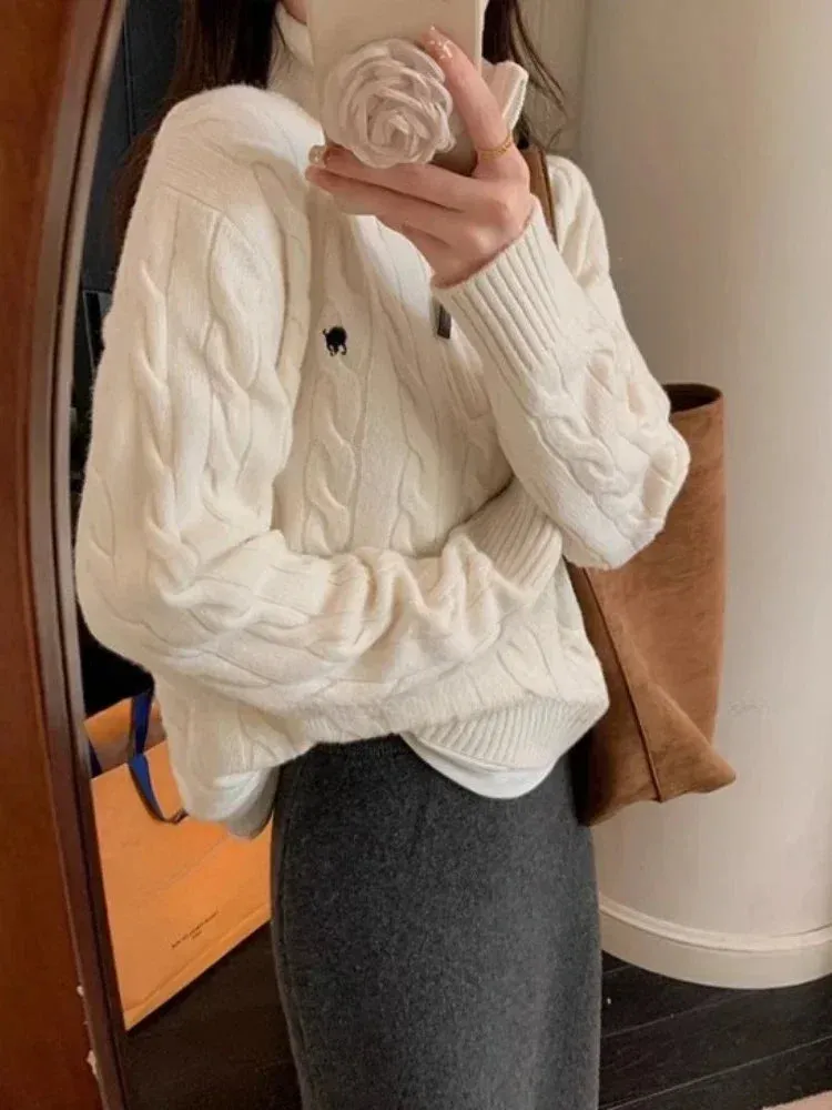 Girlary 2024 Winter Y2k Vintage Knitted Pullovers Women Korean Style Casual Losse Zipper Solid Sweater Female Streetwear Chic Warm Tops